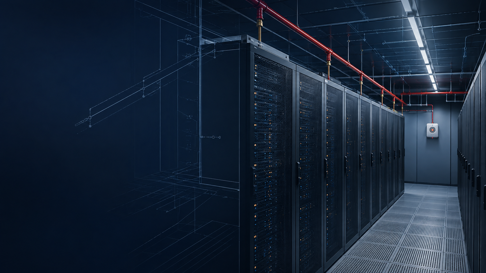 Data center aisle with server racks and overhead fire protection piping