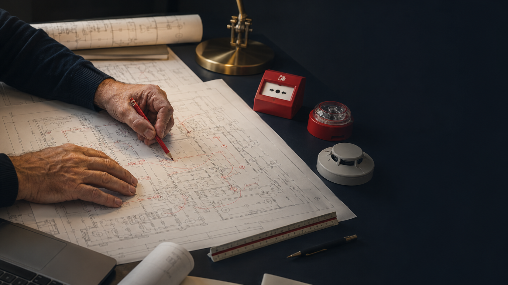 Designer marking up a fire alarm drawing beside notification and detection devices